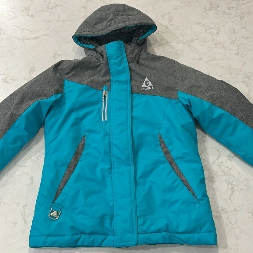 Gerry Girls Winter Coat Jacket Hooded Double Zip Pockets Small‎ 7/8 Turquoise